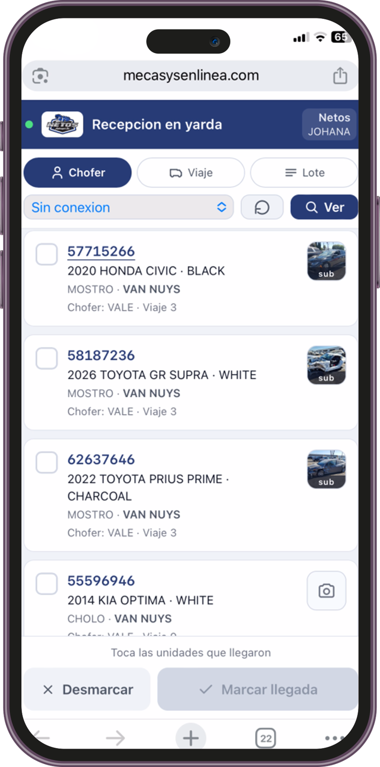 App de Travera: recepción en yarda desde el celular